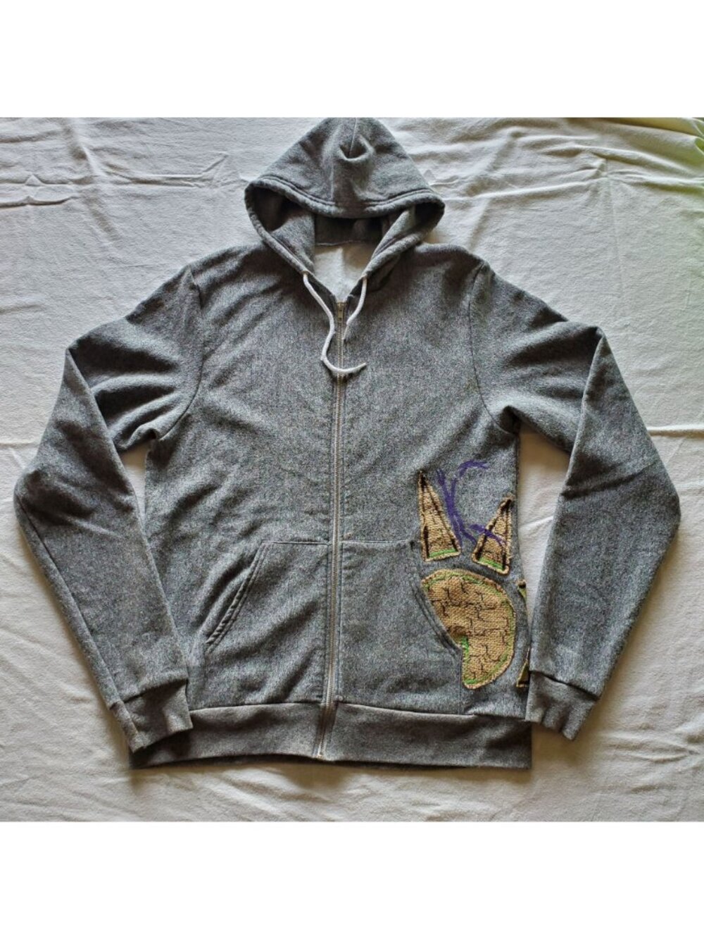 American Apparel Gray Zip Hoodie Burlap Sunburst Sun Ray Patchwork Size L Large - Picture 12 of 12